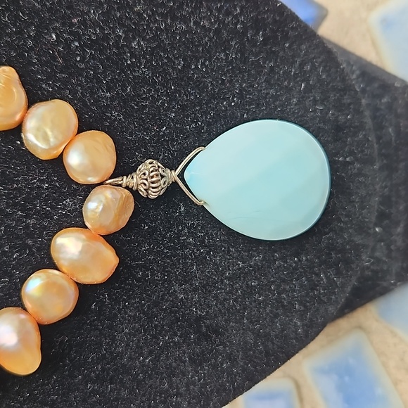 Lustrous Pearl Wood Bead Necklace Larimar Teardrop Pendant Brown/Blue Women's OS - Picture 3 of 4